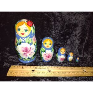 Set of 5 Hand Painted Russian Nesting Dolls Blue with Flowers Ladybug Matryoshka